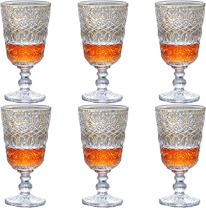 Clear Vintage Drinking Glasses set of 6 Glassware Wine Goblets 10 OZ Pretty Stemmed Cup for Weddi... | Amazon (US)
