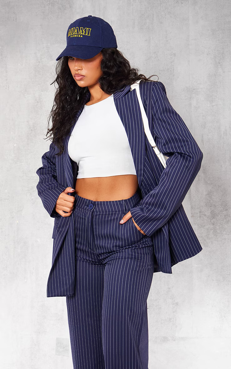 Navy Pinstripe Woven Extreme Shoulder Pad Pocket Blazer | PrettyLittleThing UK