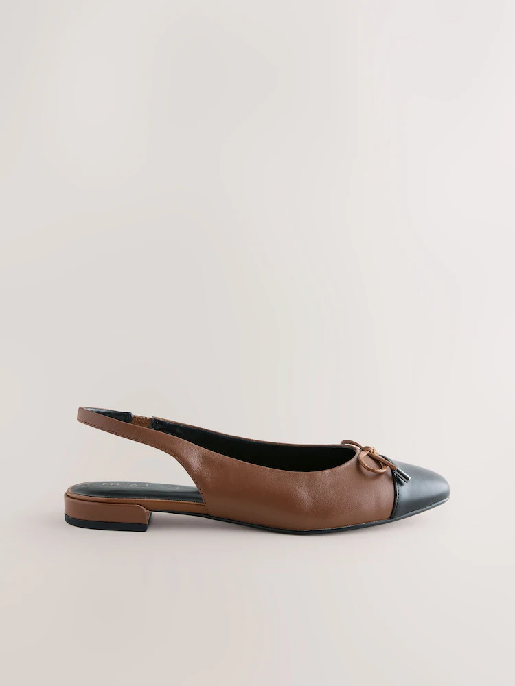 Chocolate Brown Forever Comfort® Leather Round Toe Bow Slingback Flats | Next US