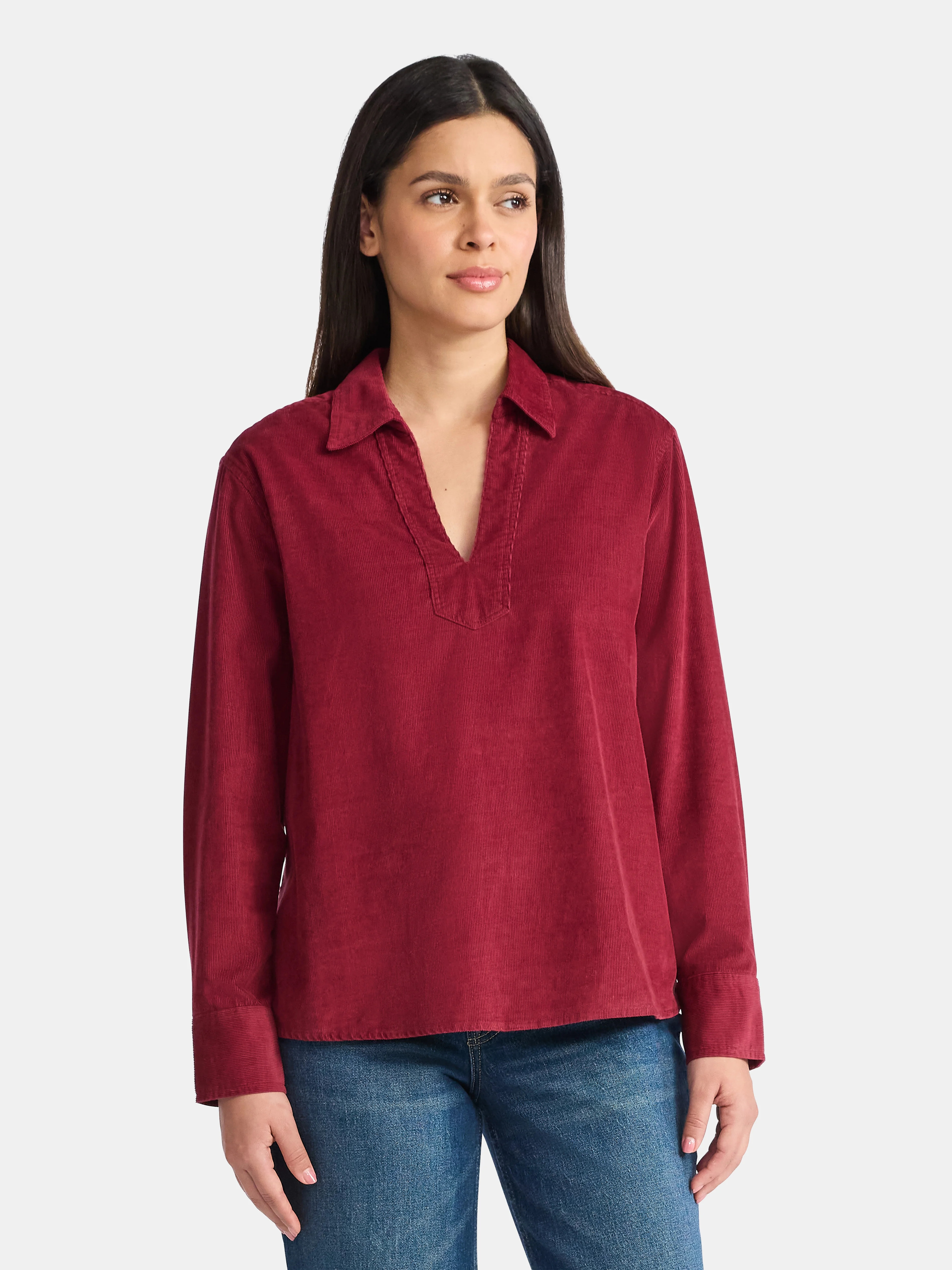 Time and Tru Women's Cotton Corduroy Popover Shirt with Long Sleeves, Sizes XS-XXXL | Walmart (US)