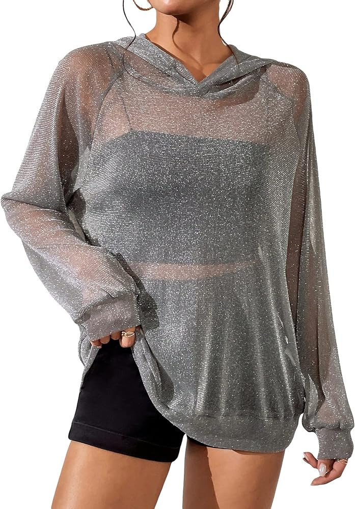 WDIRARA Women's Glitter Sheer Mesh See Through Long Sleeve Pullovers Oversized Shirts Hoodie Swea... | Amazon (US)