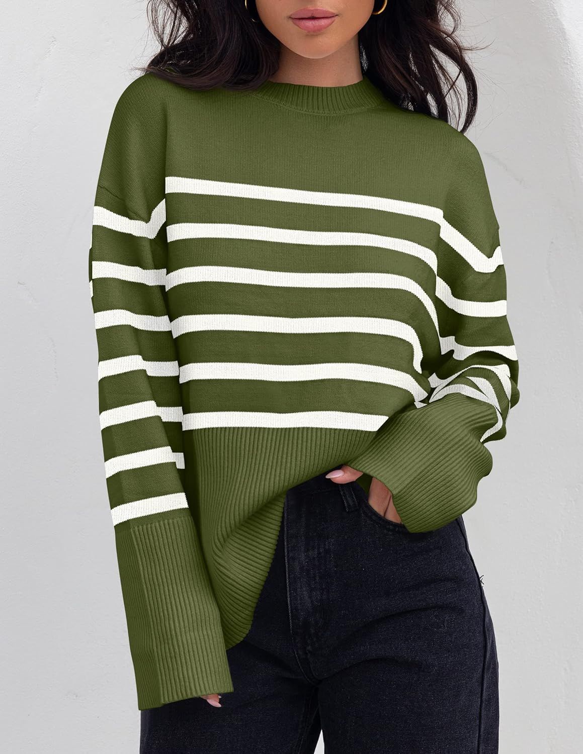 ZESICA Women's 2024 Fall Winter Striped Sweaters Long Sleeve Crew Neck Ribbed Knit Side Slit Over... | Amazon (US)