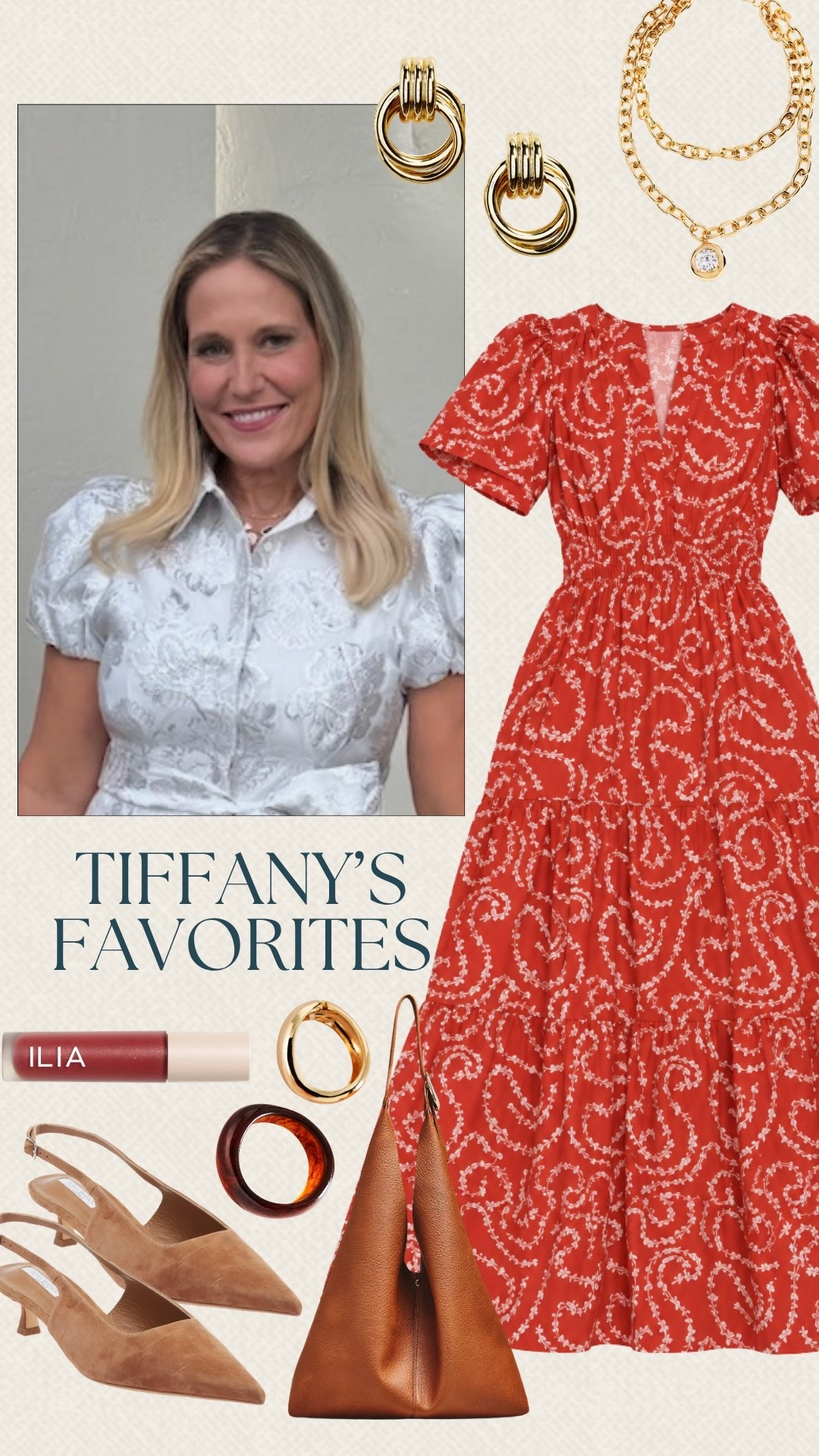 This red floral dress and brown bag from Anthropologie are another one of Tiffany’s favorites. I love the pretty print paired with the warm brown accessories for a fall-ready look. This would be perfect for dinner, a special lunch, or a weekend event.

#LTKSeasonal #LTKOver40 #LTKMidsize