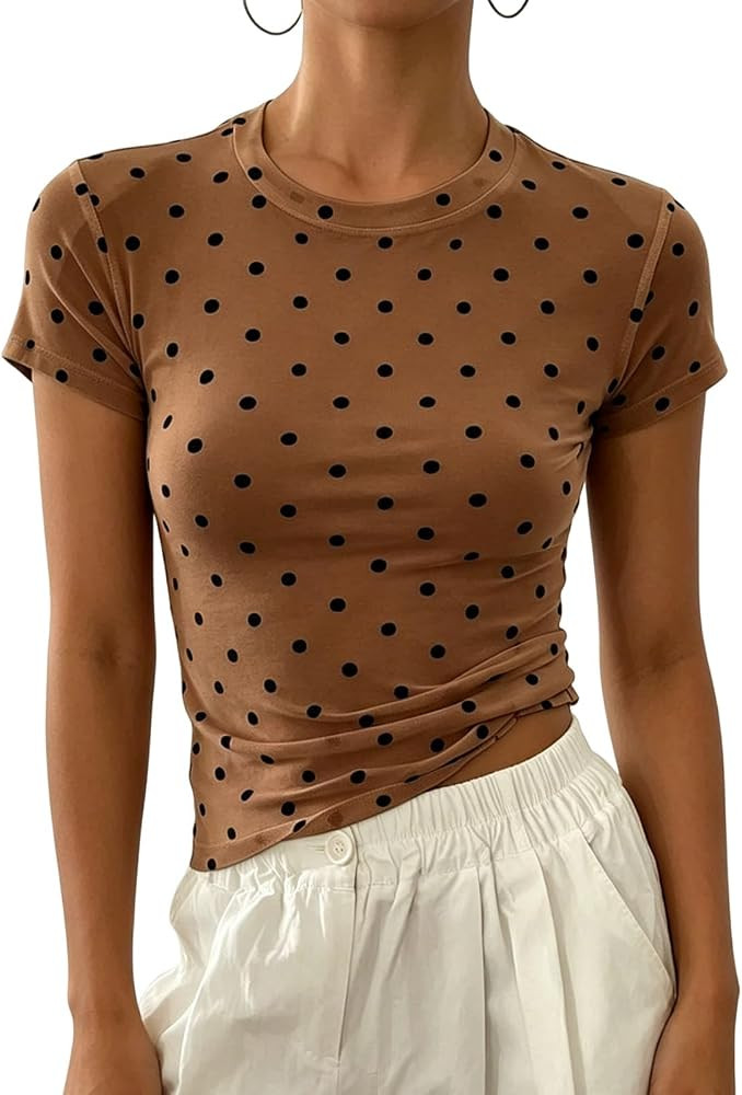 Naileksi Women Polka Dot Sheer Mesh Top Short Sleeve Crew Neck Slim Fit Causal See Through Mesh T... | Amazon (US)