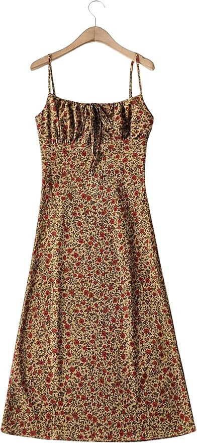 Omoone Women's Floral Dress Low-Cut Square Neck Spaghetti Strap Tie Bodycorn Dresses | Amazon (US)