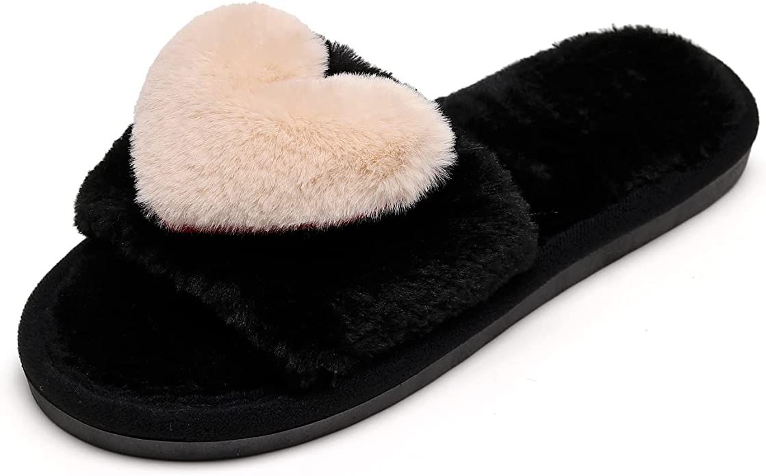 CRAZY LADY Women's Fuzzy LOVE House Slippers Soft Plush Furry Fur Open Toe Cozy Winter Warm Comfy... | Amazon (US)