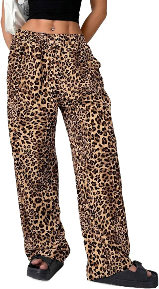 Leopard Print Wide Leg Sweatpants for Women Low Rise Baggy Lounge Pants Elastic Jogger Pants with... | Amazon (US)