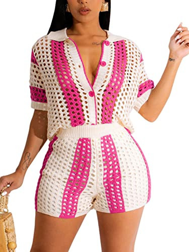KANSOON Women Shorts Sets Outfits 2 Piece Knitted Color Block Button Shirts and High Waisted Shorts Rose M | Amazon (US)