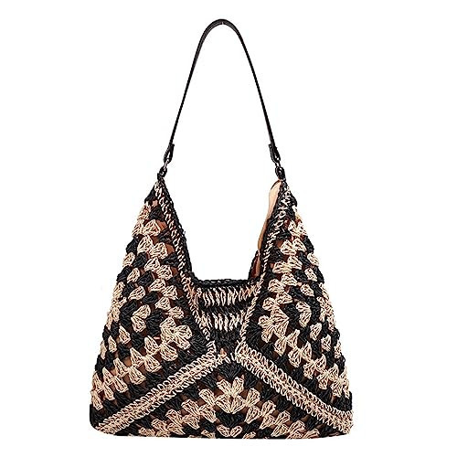Straw Shoulder Tote Bag for Women, Woven Beach Tote Bag with Zipper Large Summer Handbag Boho Bag | Amazon (US)
