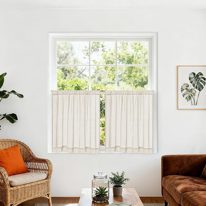 Smei Sheer Curtains for Kitchen Small Windows Curtains Linen Natural 30 Inches 2 Panel, Farmhouse... | Amazon (US)