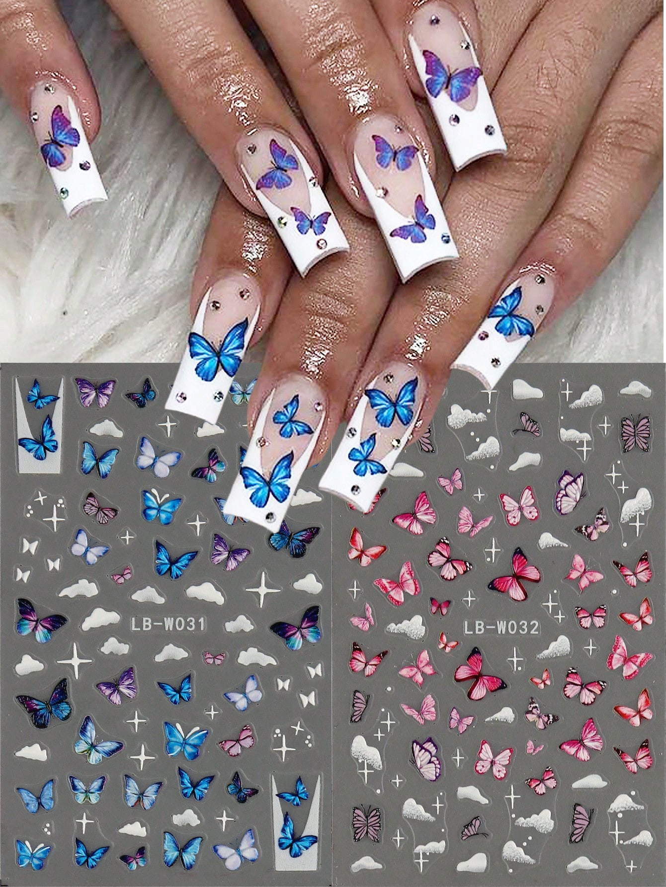2Pcs Blue Pink Butterfly Design Nail Art Stickers, Self-Adhesive Butterfly White Cloud Star Desig... | SHEIN
