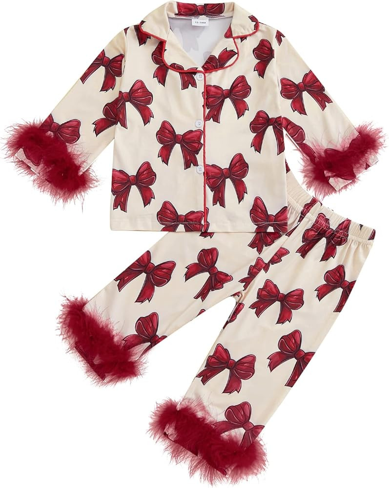 Amazon.com: Kuriozud Toddler Kids Little Girls Valentines Day Satin Pajamas Bow Print Feather Tri... | Amazon (US)