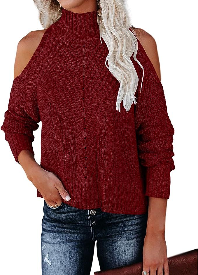 Ferrtye Women's Turtleneck Long Sleeve Cold Shoulder Sweaters High Low Casual Pullover Sweater | Amazon (US)