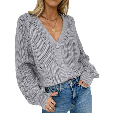 Selfieee Women's Long Sleeve Casual Knit Sweater Open Front Button Down Cardigan 206412 Gray Small | Walmart (US)