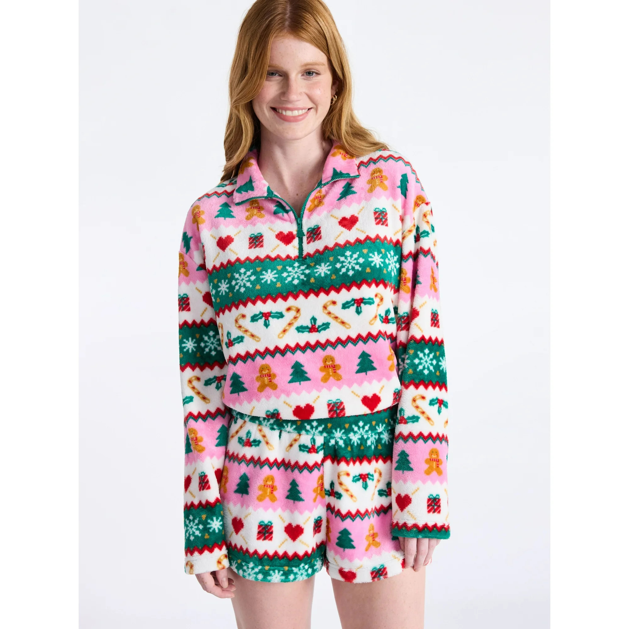 No Boundaries Christmas Quarter Zip Mock Neck Plush Top with Long Sleeves, Women's | Walmart (US)