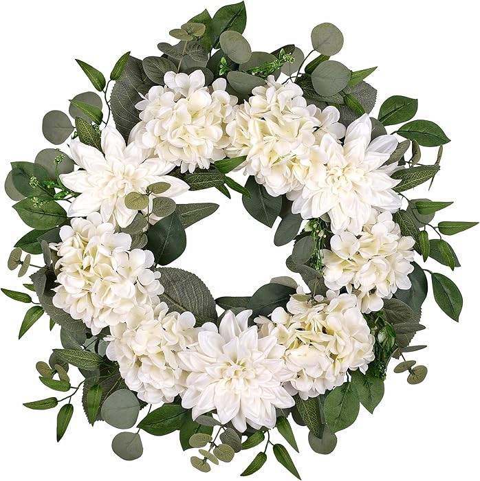 24" Spring Summer Front Door Wreath, Life-Like Artificial White Dahlia Hydrangea Wreath for Weddi... | Amazon (US)