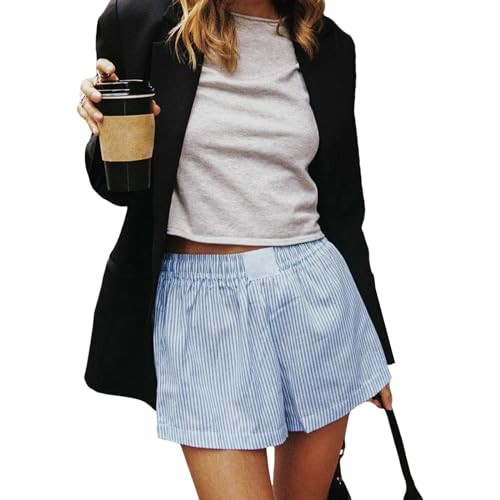Women Striped Boxer Shorts Y2k Elastic High Waist Straight Wide Leg Pajama Bottoms Lounge Shorts Streetwear (Blue, M) | Amazon (US)