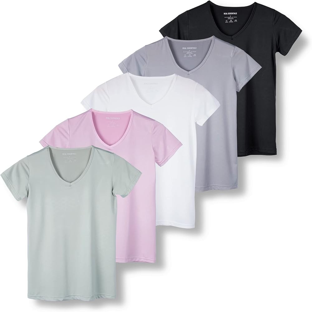 Real Essentials 5 Pack: Women's Short Sleeve V-Neck Activewear T-Shirt Dry-Fit Wicking Yoga Top (... | Amazon (US)