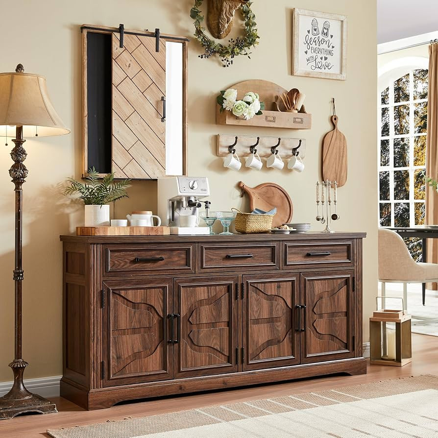 JXQTLINGMU 66" Farmhouse Buffet Cabinet with Storage, Sideboard Credenza, Carved Cloud-Inspired D... | Amazon (US)