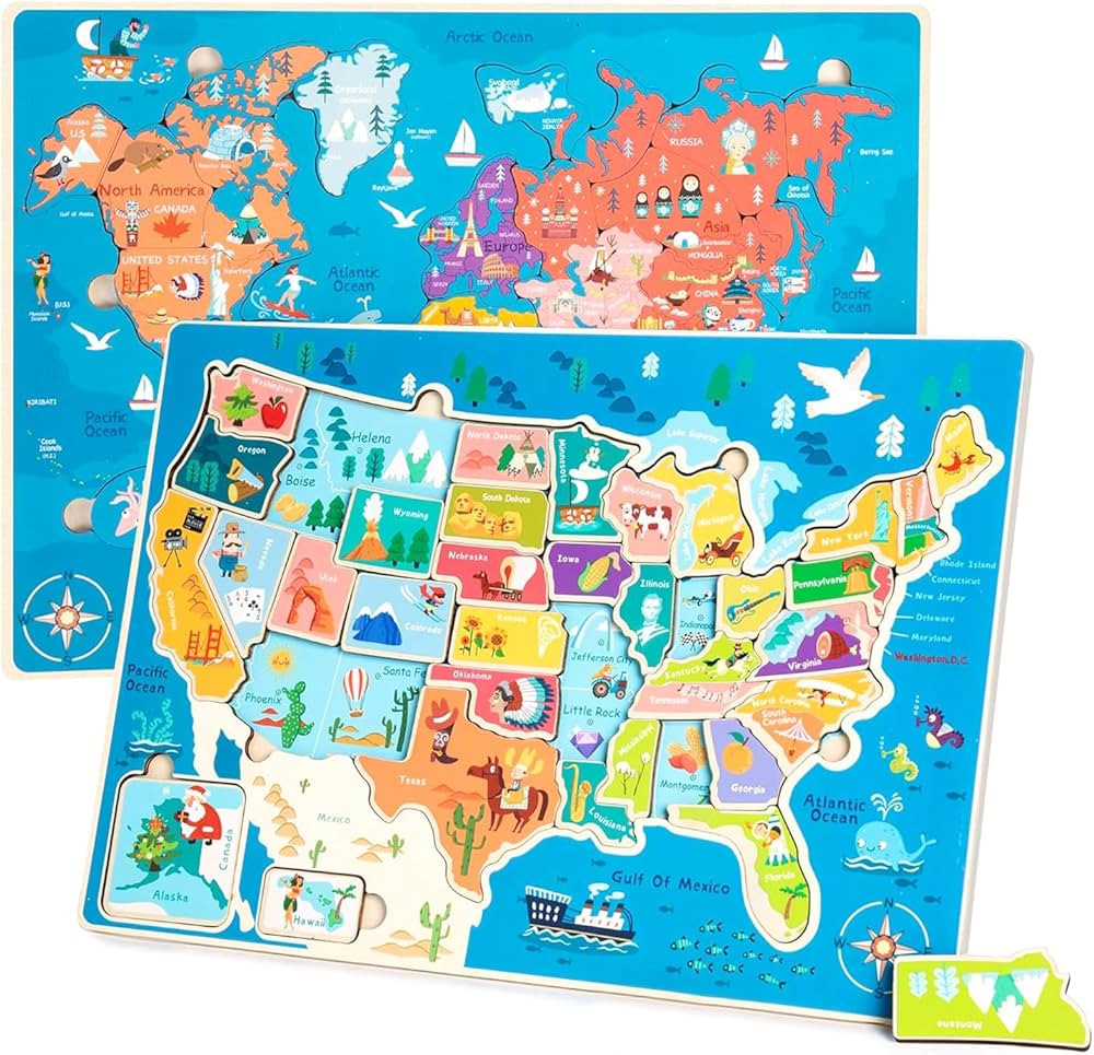 2 Pack Puzzles for Kids Ages 4-6, Wooden Puzzles for Toddlers, Busy Board, Map Jigsaw Puzzle Educ... | Amazon (US)