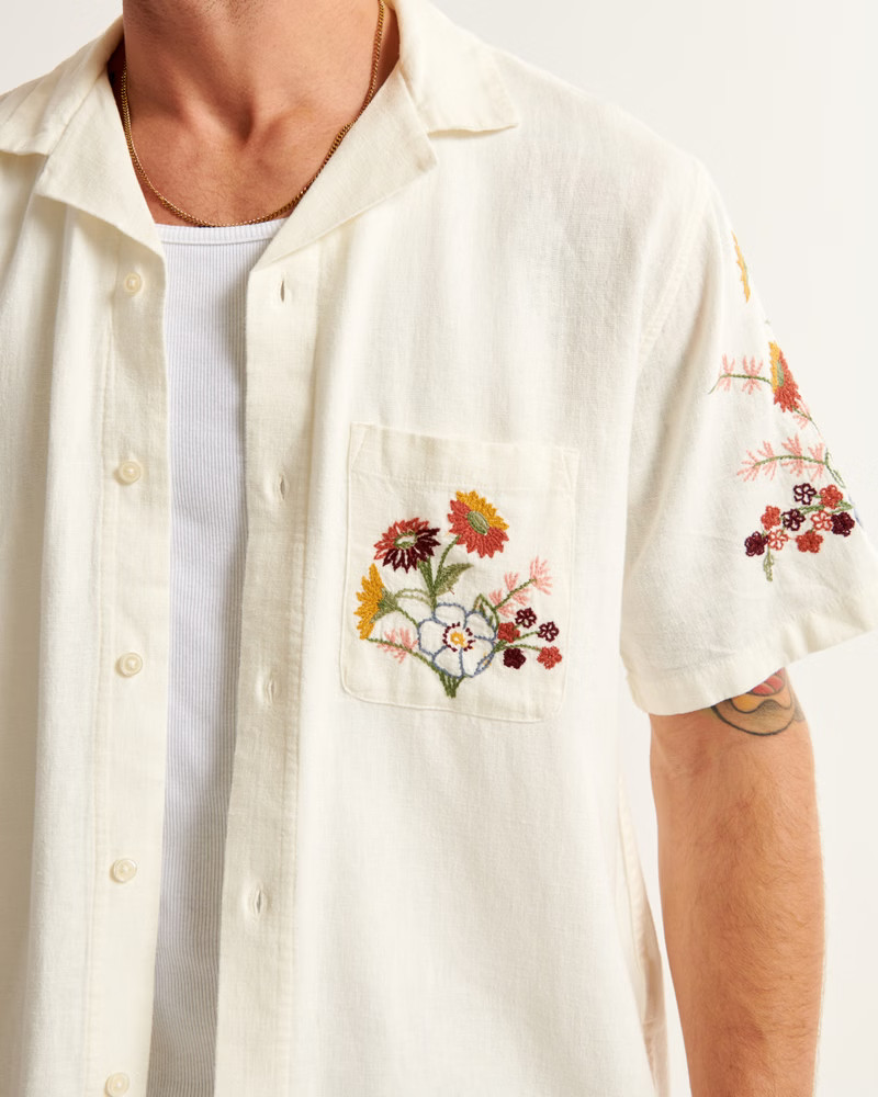 Camp Collar Summer Linen-Blend Embroidered Shirt | Abercrombie & Fitch (US)