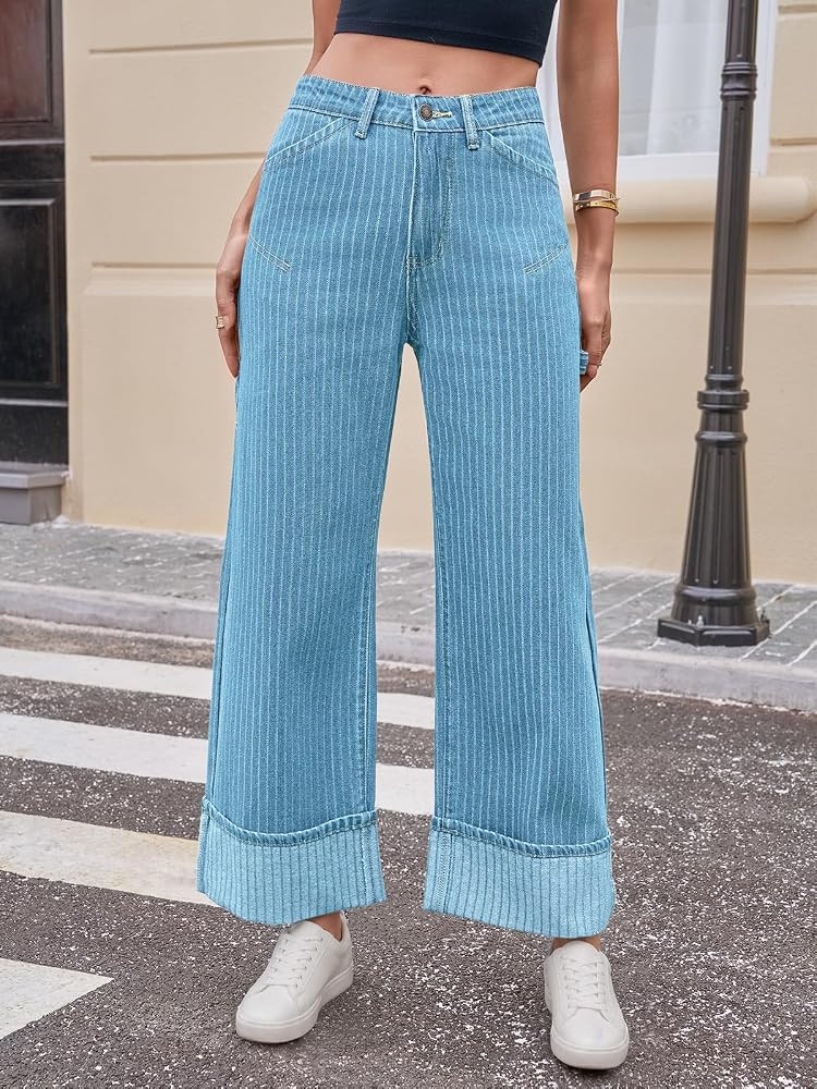 Cicy Bell Womens Striped Wide Leg Jeans Baggy Boyfriend High Waisted Cuffed Denim Pants with Pock... | Amazon (US)