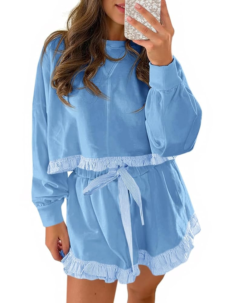 Fisoew Women's 2 Piece Lounge Sets Color Block Ruffle Cropped Sweatshirts Loose Drawstring Waist ... | Amazon (US)