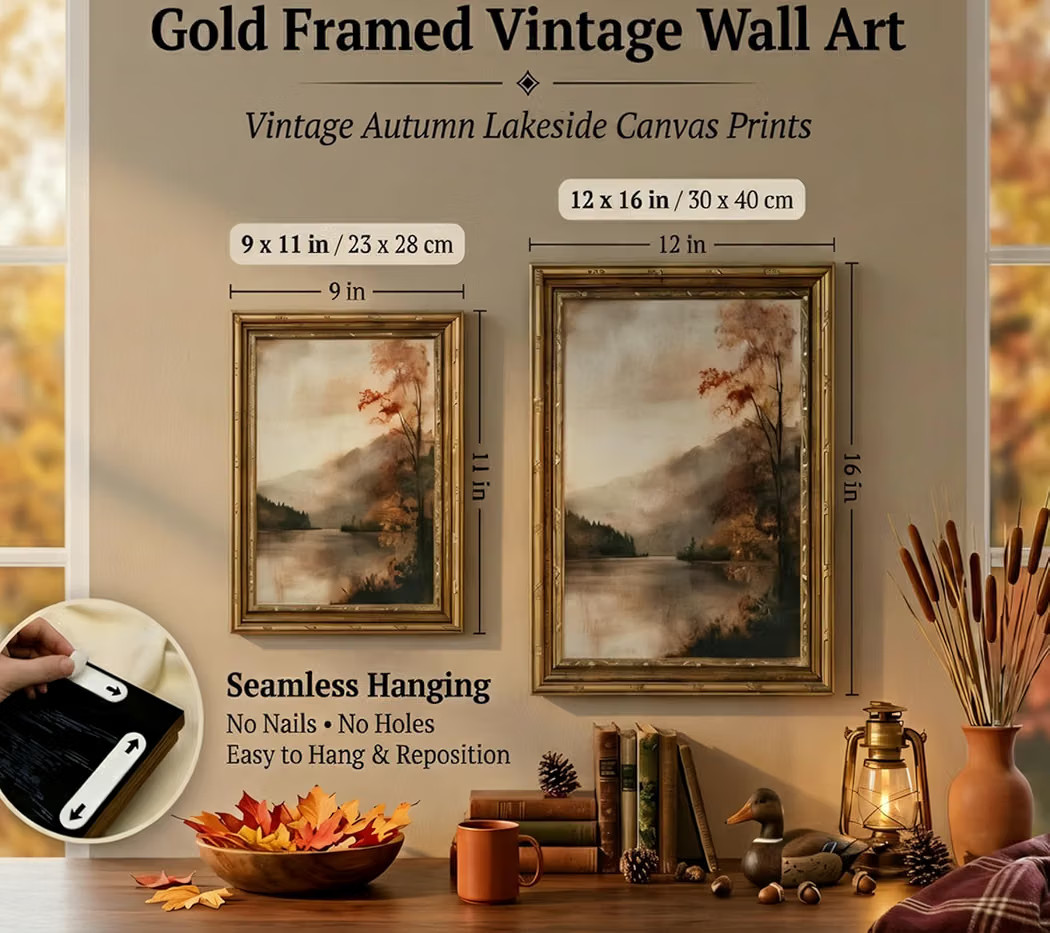 Gold Framed Vintage Fall Landscape Canvas Wall Art, Rustic Moody Lakeside Painting Picture Wall D... | Amazon (US)