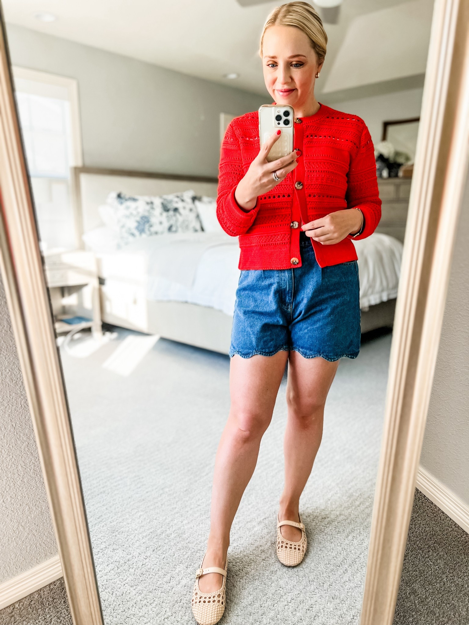 Loving the pop of red for a summer outfit! Petite cardigan fits tts. Sharing similar options to sweater, scalloped shorts, and Mary Jane’s. Shorts are from a previous summer collection and came back this season. Lasts years denim shorts fit tts. Flats fit tts. 

#LTKFindsUnder100 #LTKSaleAlert #LTKPetite