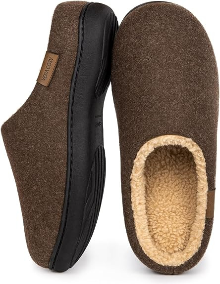 VeraCosy Men's Wool Felt Slippers with Comfy Fuzzy Faux Sherpa Slip-on Memory Foam for Indoor Hou... | Amazon (US)