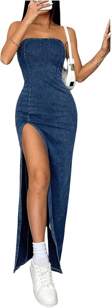 Milumia Women's Strapless Denim Tube Dress Sexy High Slit Bodycon Going Out Long Maxi Dresses | Amazon (US)