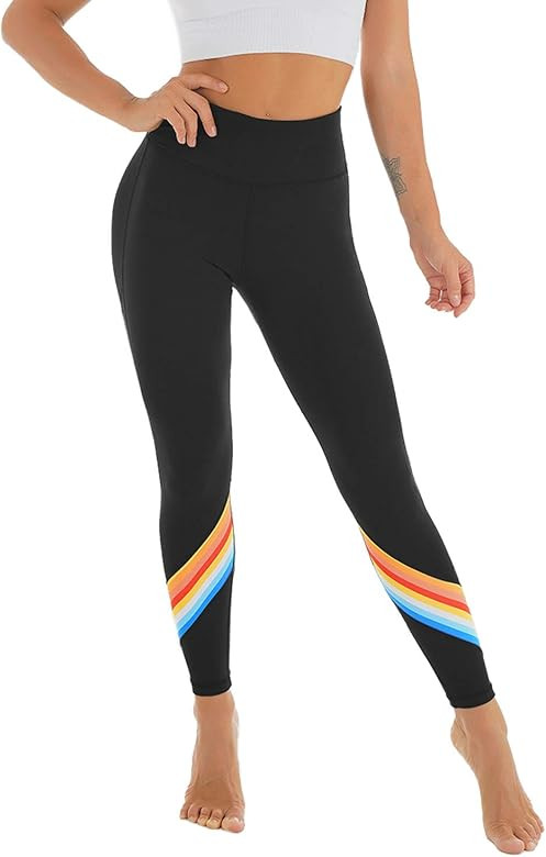 Blooming Jelly Women's High Waisted Leggings Workout Rainbow Print Tummy Control Yoga Pants | Amazon (US)