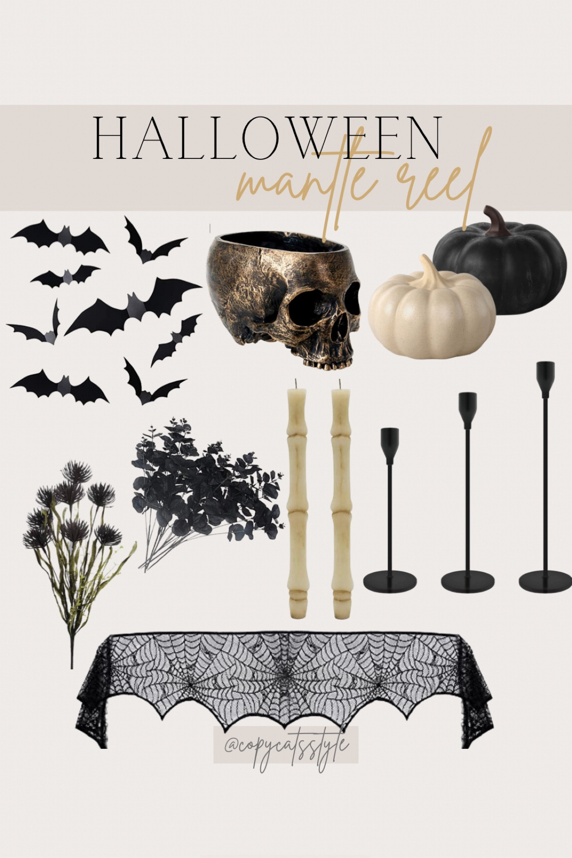 Halloween Mantle 
Shop my Halloween mantle reel

Halloween decor, spooky decorations, bats, skull, bone candles, mantle spider web, black florals, black candlestick holders

#LTKSeasonal #LTKhome #LTKHalloween
