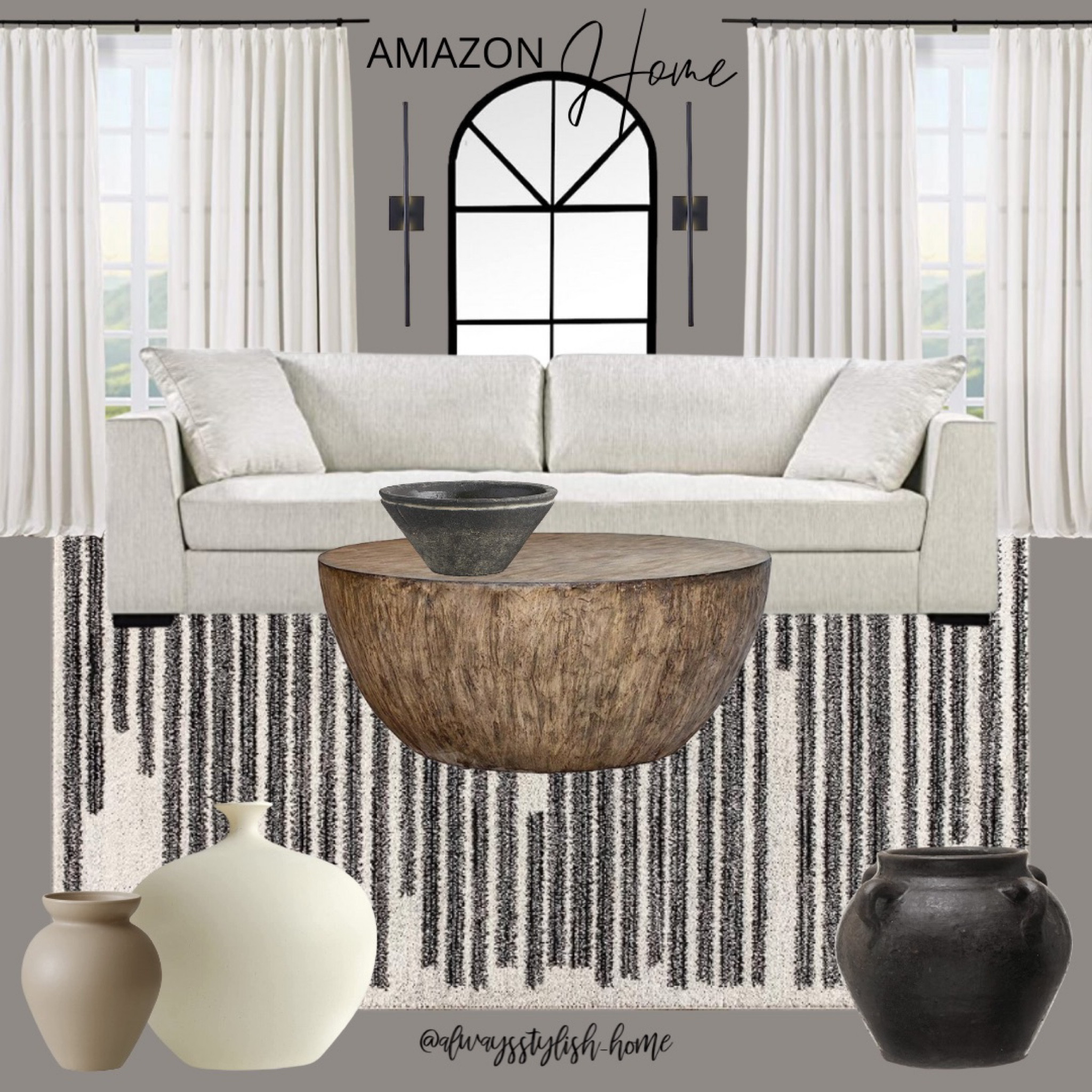 Living room inspo, home decor, white sofa, black vase, white vase, beige vase, wood drum coffee table, black bowl, black cream rug, arch top mirror, linen drapes curtains, thin modern sconce lighting 



#LTKxPrimeDay #LTKhome #LTKsalealert