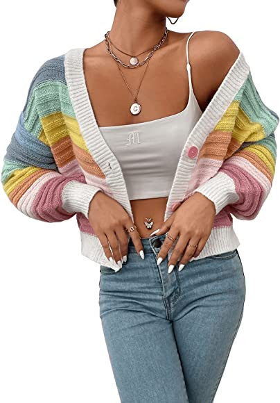 SweatyRocks Women's Color Block V Neck Button Front Knit Cardigan Sweater Outerwear | Amazon (CA)