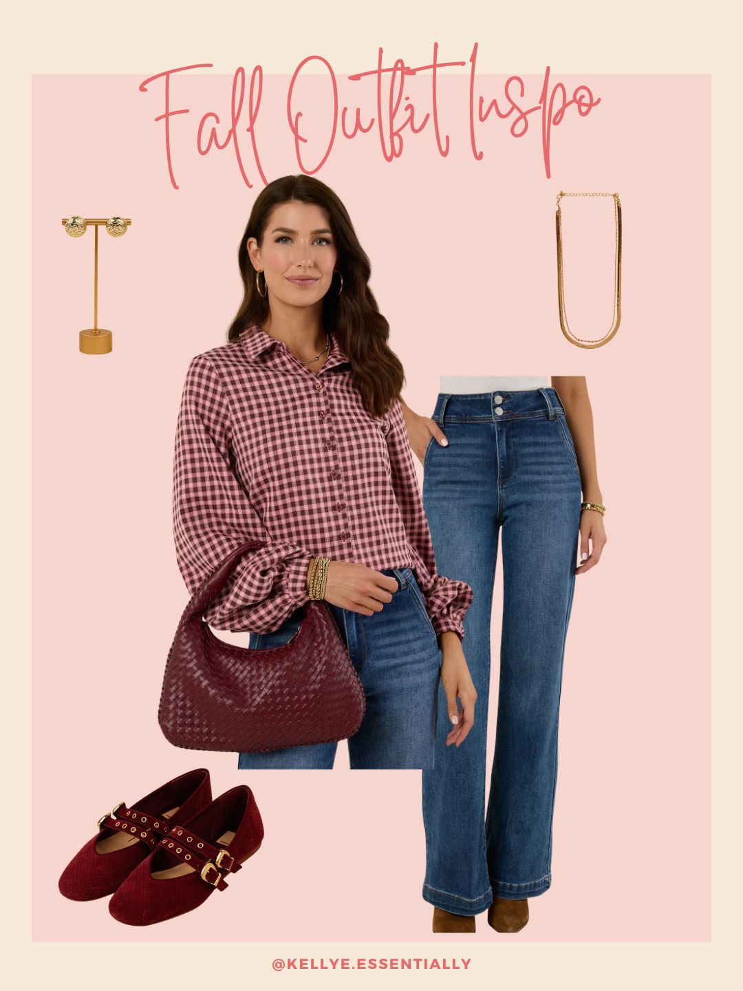 Looking for fall outfit inspiration? This timeless look pairs a gingham blouse with high-waisted denim for an effortless style that works for any occasion. Add burgundy flats, a matching handbag, and classic gold jewelry for a polished finish. 

 #LTKSeasonal #LTKFindsUnder100 #LTKStyleTip