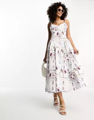 ASOS DESIGN cotton dropped corset waist midi skater dress in patchwork print | ASOS (Global)