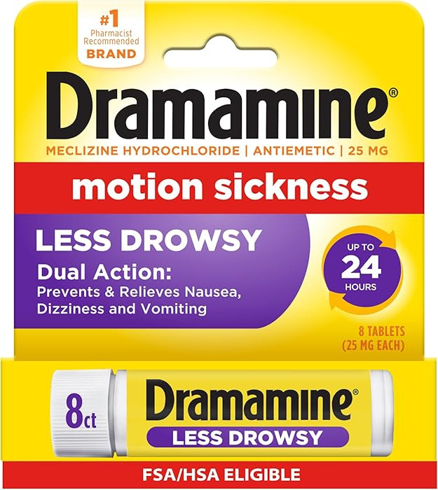 Dramamine Motion Sickness Less Drowsy, Travel Vial, Multicolor, 8 Count | Amazon (US)