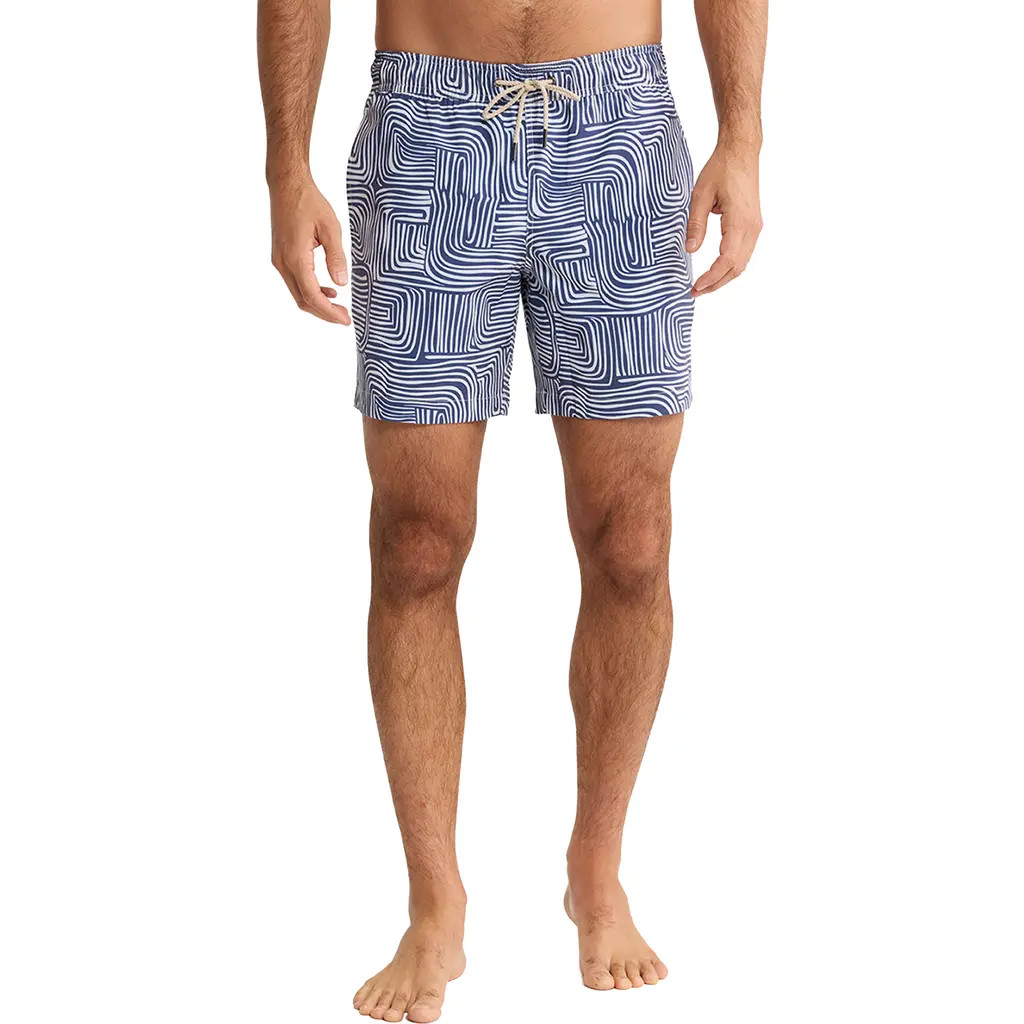 Fair Harbor The Bayberry Medallion Print Water Repellent Swim Trunks in Navy Wavy Sands at Nordstrom, Size Medium | Nordstrom