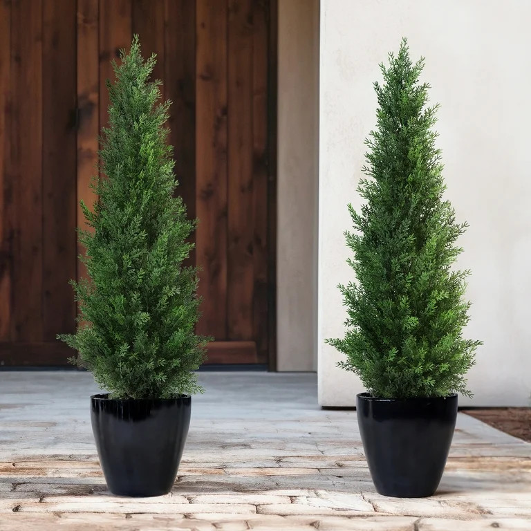 Artificial Cedar Tree 2 Pack 3 ft Outdoor Artificial Topiary Cedar Plants Fake Tree UV Rated Pott... | Walmart (US)