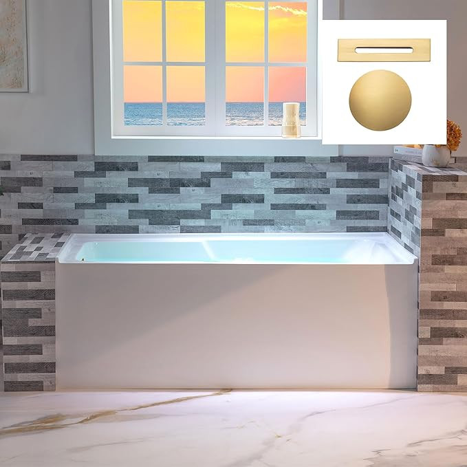 WOODBRIDGE 60" Acrylic Rectangular Alcove Soaking Bathtub in White with Left Drain, Brushed Gold ... | Amazon (US)