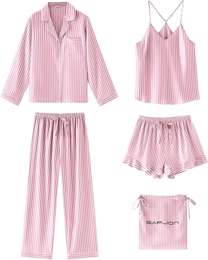 SAPJON Satin Silk Pajamas for Women Set 5PCS Classic Button Down Pajamas Top and Pants Cami and R... | Amazon (US)