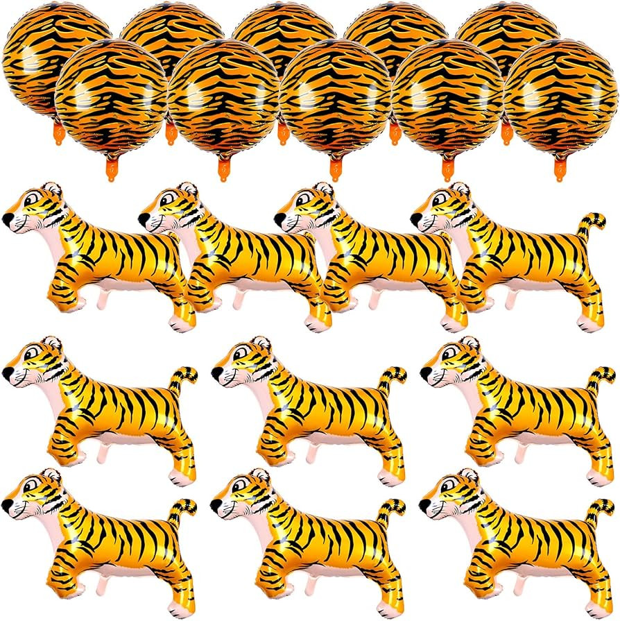20 Pcs Jumbo Tiger Balloons - 18 inch Tiger Stripe Sphere Foil Balloons 40 Inch Jumbo Tiger Shape... | Amazon (US)