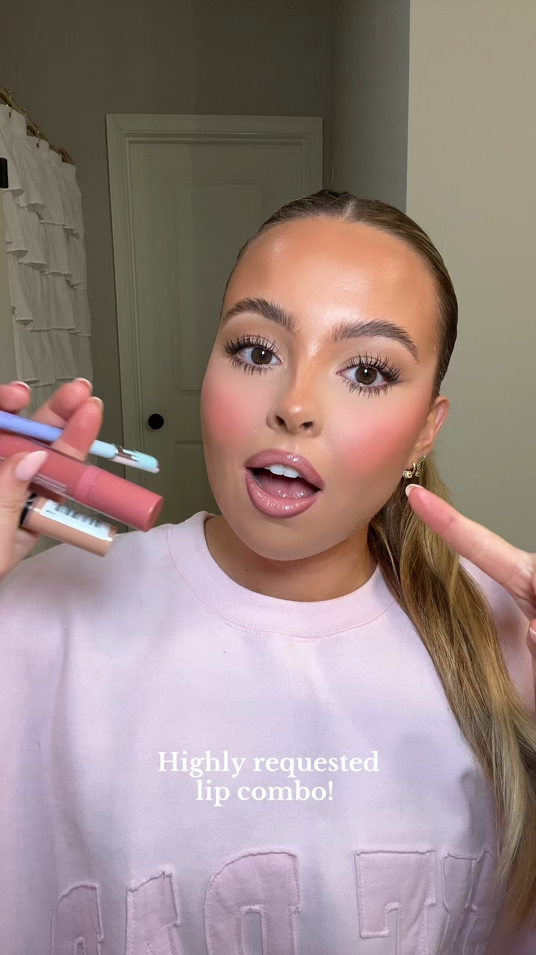 The best pinkey nude combo! 

Kosas Hotliner shade Beyond
ELF Sun Boss Gloss shade Blush Much?
NYX Butter Gloss shade Fortune Cookie