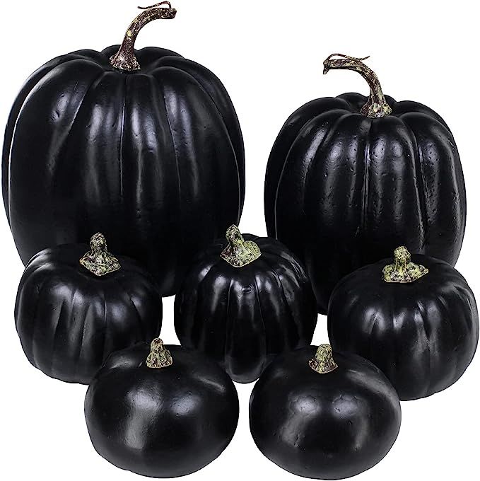 7 Pcs Assorted Artificial Black Pumpkins Halloween Pumpkins Faux Rustic Decorative Foam Pumpkins ... | Amazon (US)