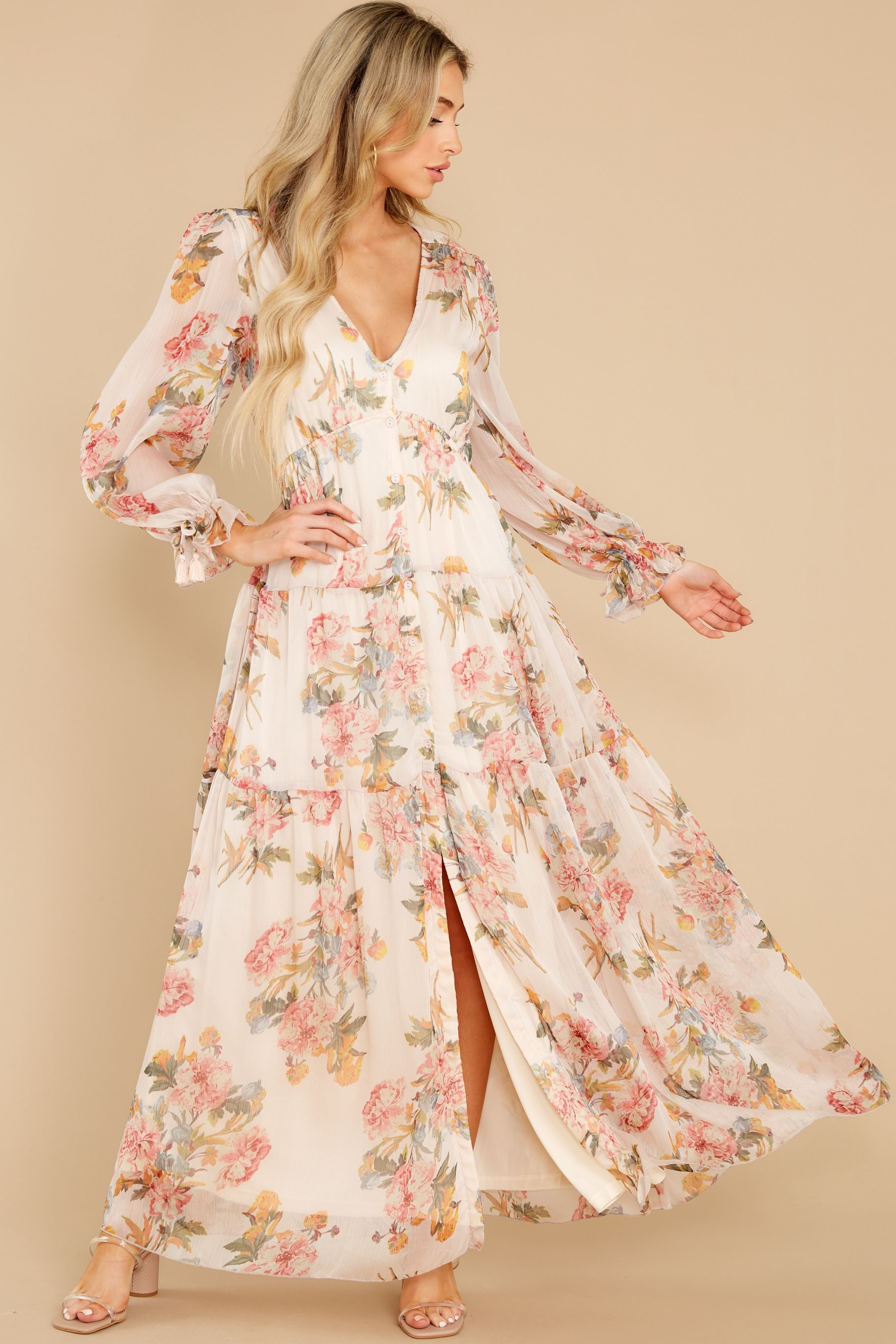 Enchanting Looks Blush Floral Print Maxi Dress | Red Dress 