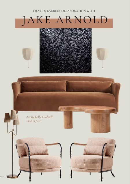 The new Jake Arnold furniture collection at Crate & Barrel. Living room mood board virtual designs in a modern eclectic style. Modern black art by Kelly Caldwell. 

#LTKhome #LTKFind