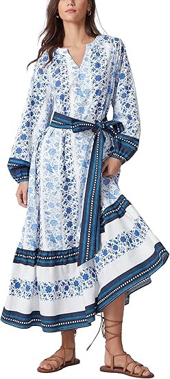 D-Sun Women Boho Maxi Dress Floral Puff Long Sleeves V Neck Tiered A-Line Flowy Long Printed Bohe... | Amazon (US)