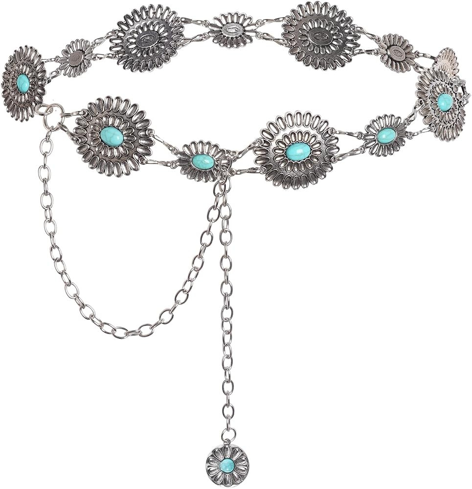 Western Oval Concho Chain Belt for Women Metal Waist Chain Belt for Dresses Jeans Western Cowgirl | Amazon (US)
