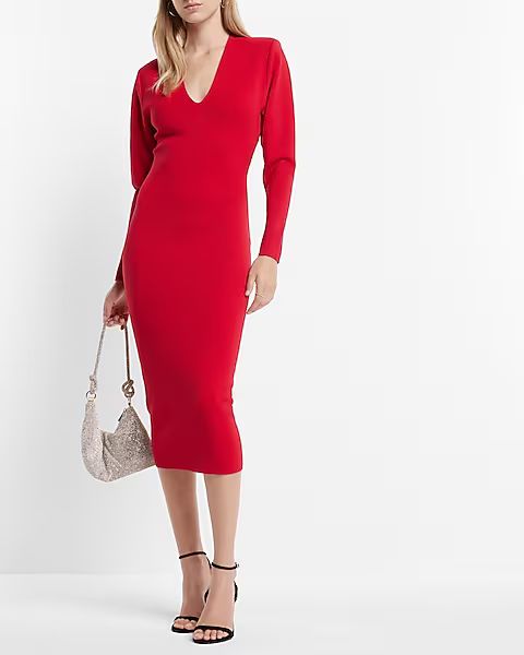 V-neck Long Sleeve Padded Shoulder Back Cutout Midi Sweater Dress | Express